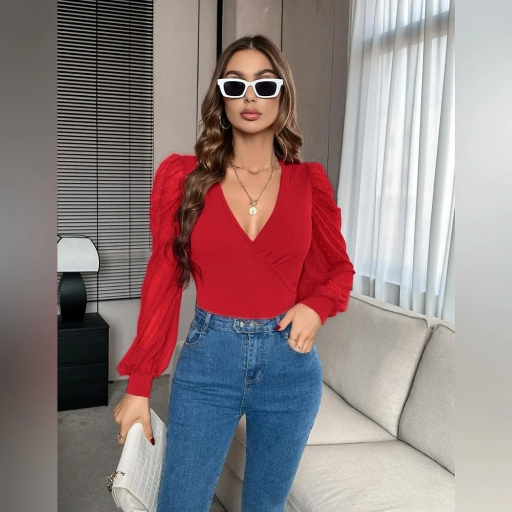 Womens Tops Deep V Neck Cross Wrap Sexy Tops Polka Dot Mesh Long Sleeve T Shirt - Picture 4 of 9